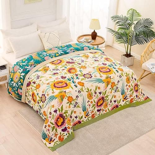 XIBLC Boho Throw Blanket for Bed, 100% Cotton Soft Rustic Quilt Fall Blanket, 60"x80" Floral Printed Farmhouse Decor Bed Blankets, All Season Rustic Reversible Bohemian Throw Quilt thumbnail 4
