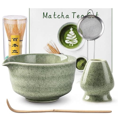 5 PCS Matcha Whisk Set, Green Matcha Set Includes Bamboo Chasen Whisk, Ceramic Tea Bowl, Scoop, Strainer and Matcha Whisk Holder, Handcrafted Japanese Tea Set Matcha Kit for Matcha Lovers - Image 1