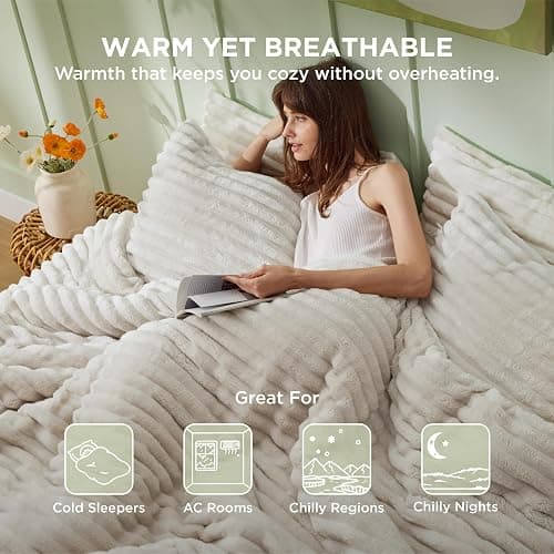 Bedsure Fluffy Comforter Set Full Size - Super Soft Faux Fur Bed Set Linen, Warm Plush Fleece Winter Bedding, 3 Pieces, 1 Shaggy Fuzzy All Seasons Full Size Comforter with 2 Pillowcases thumbnail 5
