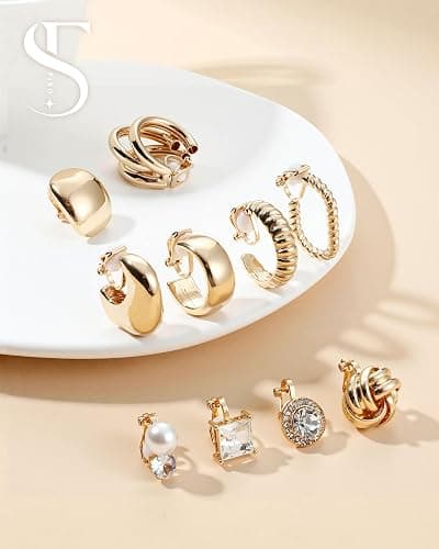 FIBO STEEL 10 Pairs Clip On Earrings for Women Non Pierced Ears CZ Pearl Knot Twist Chunky Hoop and Studs Earring Set Ear Clips Jewelry 14K Gold Plated thumbnail 7