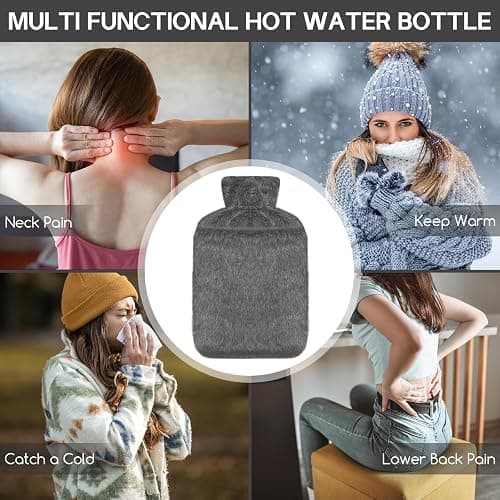 Jsdoin Hot Water Bottle with Luxury Cosy Faux Fur Cover UK, 2L Leakproof Hot Water Bag for Neck, Shoulder Pain and Hand Feet Warmer (Darkgrey) thumbnail 7
