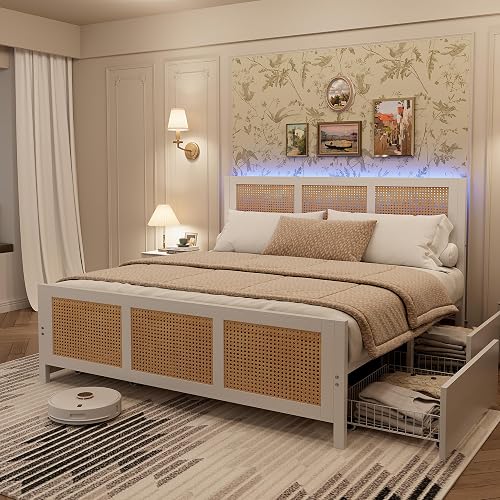 Garvee Rattan Full Bed Frame with LED Headboard (7 Colors), Boho Cane Platform Bed with 4 Large Drawers, Strong Metal Slats Support, Noise Free, No Box Spring Needed, Easy Assembly, White - Image 1
