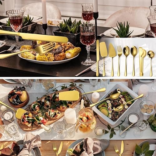 AARAINBOW Large Serving Utensils Set , 8 Pcs Metal Serving Cutlery Set for Parties, Stainless Steel Spoons Fork Tong Ladle for Buffet Catering, Hostess Chefs, Matte Gold thumbnail 6