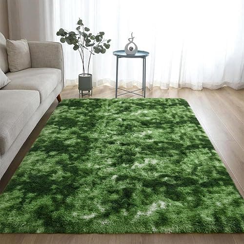 DweIke Fluffy Dark Green Rugs for Bedroom Living Room, 4x6 Feet Soft Plush Shaggy Tie-Dyed Forest Moss Green Girls Boys Kids Rug, Non-Slip and Machine Washable Carpet for Dorm Nursery Decor thumbnail 5