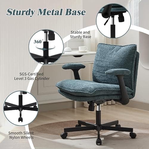 Kassipo Cross Legged Office Chair, Upholstered Criss Cross Desk Chair with Wheels and Flip-Up Armrests, Wide Seat Chair for Home Office, Vanity, Apartment, Dark Green - Green thumbnail 7