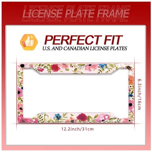 2Pcs Personalized License Plate Frame Stainless Steel Artistic Flower Pink License Plate Car Tag Holder with 4 Holes and Screws for Women Men Auto Decoration for USA Canada Vehicles Standard (12"x6") thumbnail 2