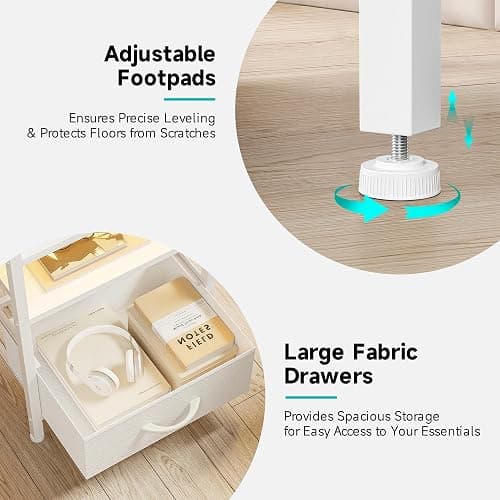 Lazzanto Nightstand with Rear Charging Station, LED Light, 2 Drawers, White | Industrial Nightstand, 2 USB-A Ports & AC Outlets, Raised Back Guard, Fabric Storage Drawers, Bedside Table for Bedroom, Dorm thumbnail 6