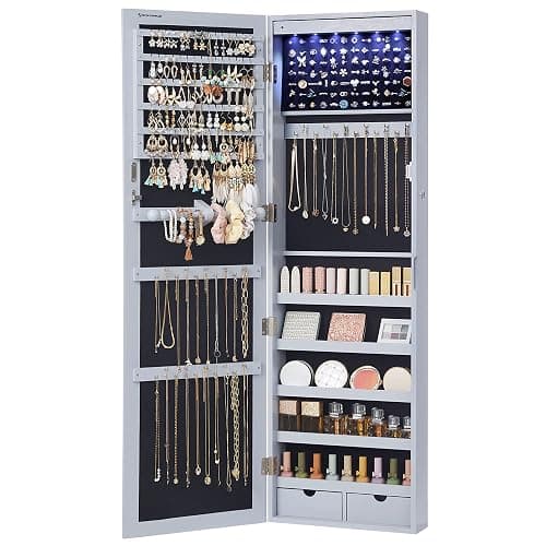 SONGMICS 6 LEDs Mirror Jewelry Cabinet, 47.2-Inch Tall Lockable Wall or Door Mounted Jewelry Armoire Organizer with Mirror, 2 Drawers, 3.9 x 14.6 x 47.2 Inches, Gray UJJC93GY - Image 1