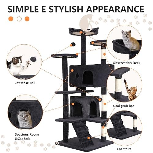 BestPet | 54" Cat Tree Tower | Dark Gray | Sturdy, Easy to Assemble, Multi-Level Activity Center with Sisal Scratching Posts, Condos, Perches, Hanging Cat Toys, Observation Decks & Ladder thumbnail 6