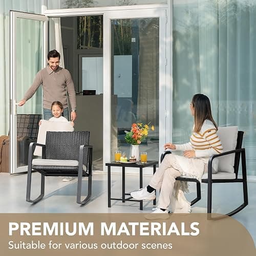 Devoko 3 Piece Rocking Bistro Set Wicker Patio Outdoor Furniture Porch Chairs Conversation Sets with Glass Coffee Table (Beige) thumbnail 4