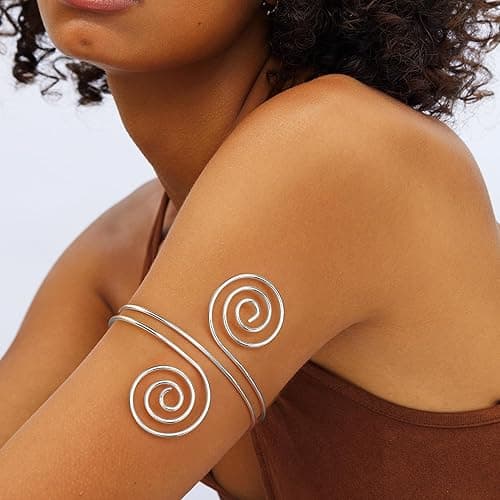FUNRUN JEWELRY Arm Cuff Upper Arm Band for Women Gold Arm Cuff Bangle Bracelets Adjustable Coil Swirl Armlet ArmBand Jewelry,3-4Pcs - A:Silver tone thumbnail 3