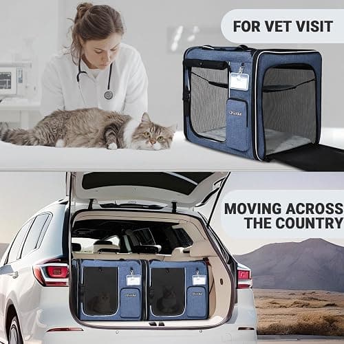Petskd 2 in 1 Double Cat Car Travel Carrier with Litter Box, 38"x17"x18" Portable Dual Extra Large Cat Carrier for Multiple Cats with Zipper Locks for Moving Across The Country thumbnail 8