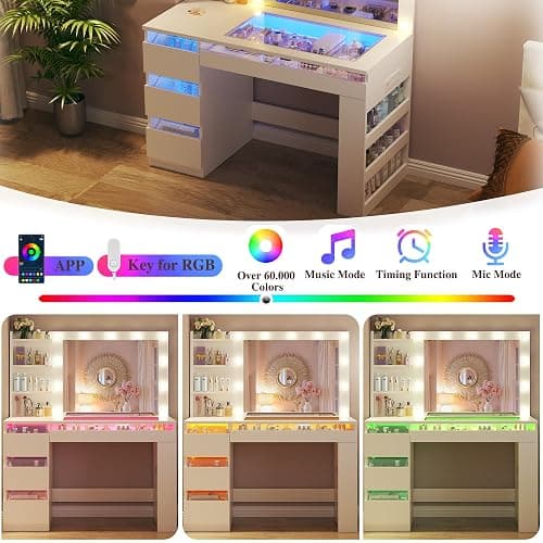 HUAHUU Vanity Desk with Lighted Mirror & Transparent Top, Makeup Vanity Desk with 4 Transparent Drawers and RGB Lighting, Built-in Power Outlet, 3-Tier Side Shelves & Storage Organizer for Bedroom thumbnail 7