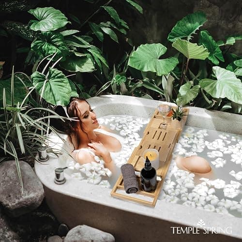 Temple Spring Foldable Bamboo Bathtub Tray Caddy for Tub — Expandable One-Piece Wood Bath Table with Wine Holder Book Stand and Non-Slip Pads — Space-Saving Bath Caddy — Housewarming thumbnail 6