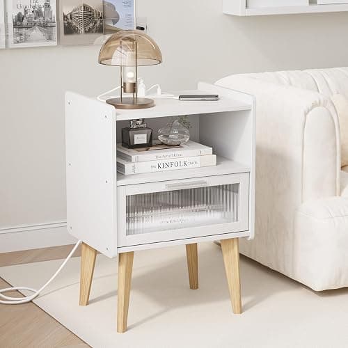 Nightstand with Charging Station, Bedside Tables with Glass Decorative Door, End Table Side Table with 2 Tiers Storage Space, for Bedroom, Living Room, White CAMLBZ07WE thumbnail 4