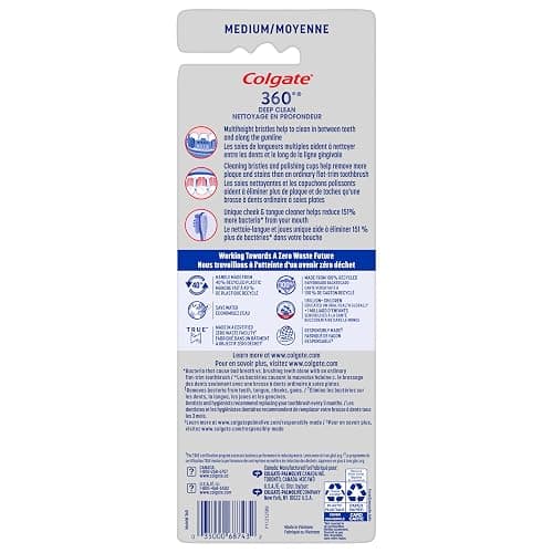 Colgate 360 Whole Mouth Toothbrush, Adult Toothbrushes Medium Bristles, Helps Remove Bad Breath Bacteria and Plaque, Medium Toothbrush Pack, Includes Cheek and Tongue Cleaner, 4 Pack thumbnail 9