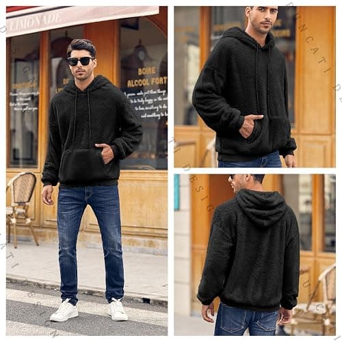 Runcati Mens Hoodie Fluffy Sherpa Hooded Jumper Fuzzy Plush Sweatshirt Teddy Fleece Kangaroo Pocket Winter Outwear thumbnail 5