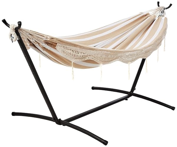 Amazon Basics Double Hammock with 9-Foot Space Saving Steel Stand and Carrying Case, 2 Person, 450 lb Capacity, Beige Stripe with Lace, 110" x 47" x 43" - Image 1