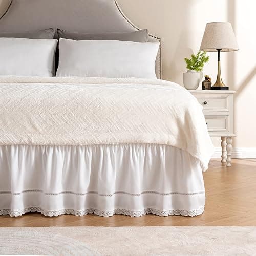 MIYE Wrap Around Ruffled Lace Bed Skirt, Elastic Dust Ruffle with Adjustable Belts,15 Inch Drop Easy to Put On, Bed Frame Cover, Machine Washable (Floral Lace, King/Queen-15) - Image 1