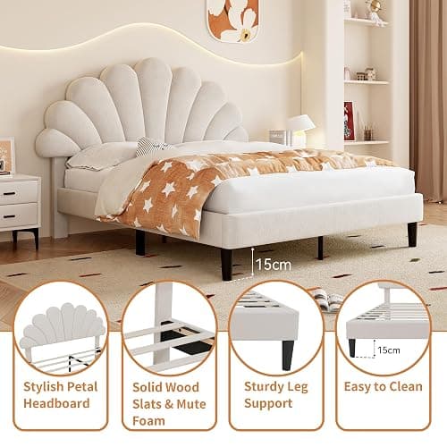 BTM Upholstered Double Bed 4FT6-135x190cm, Double Bed Frame with Adjustable Petal-like Headboard and Solid Wood Slat, Velvet, Beige - 135x190cm - Beige thumbnail 6