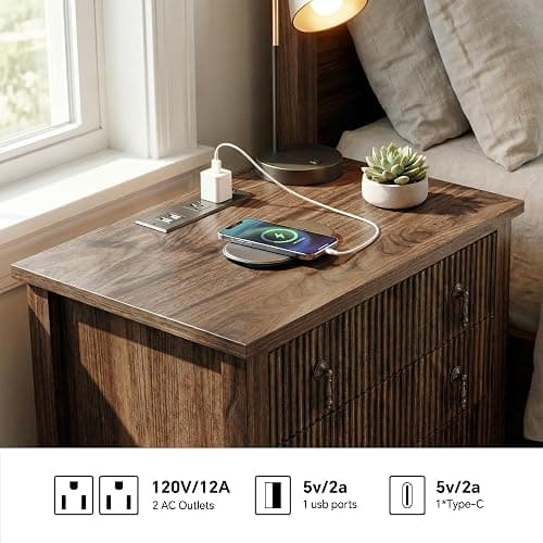 FUSUNBAO Nightstand with Charging Station, Vintage Bedside Table with 3 Fluted Drawers and Open Shelf, Rustic End Table with Power Outlet and USB Ports for Bedroom, Walnut thumbnail 3