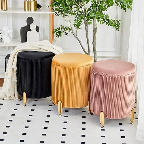 Mxfurhawa Round Ottoman Foot Stool with Storage and Metal Legs for Living Room Bedroom, Velvet Upholstered Footrest Stool Support 300lbs Modern Padded Seat Ottoman Coffee Table (Black) thumbnail 10