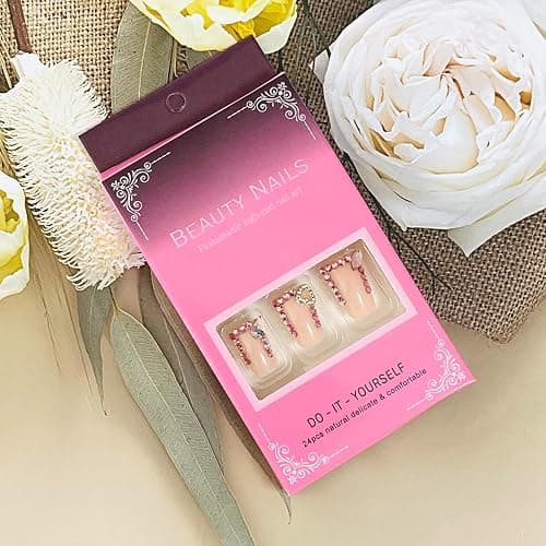 FIEONCIY Press on Nails Duck Shaped Glossy Full Cover Acrylic French False Nails with Designs Artificial Medium Duck Fake Nails with Charms Glue ons Fingernails for Women Girls(YZ05) thumbnail 6