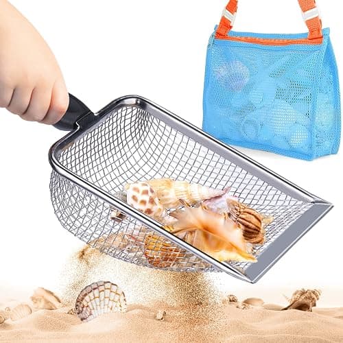 Vodolo Beach Mesh Shovel with Mesh Beach Bag for Shell Collecting, Kids Filter Sand Scooper for Picking Up Shells, Shark Tooth Sifter Dipper for Boys and Girls, Toy - Image 1