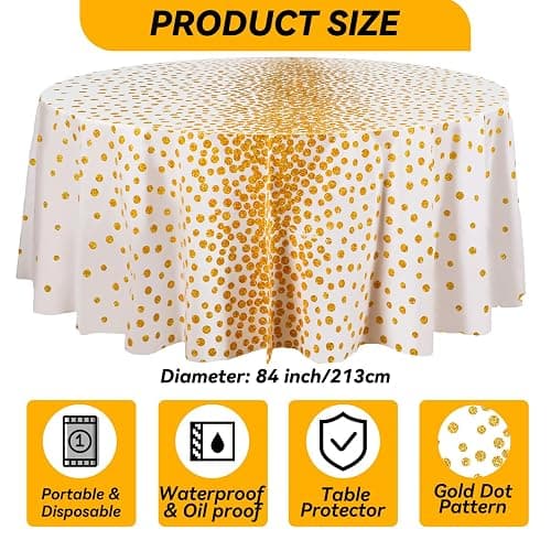VitalCozy Round Dot Tablecloth 84 Inch Plastic Table Cover Polka Dot Confetti Tablecloths for Easter 2026 Graduation Prom Wedding Birthday Spring Party Supplies(White and Gold,12 Pcs) thumbnail 4