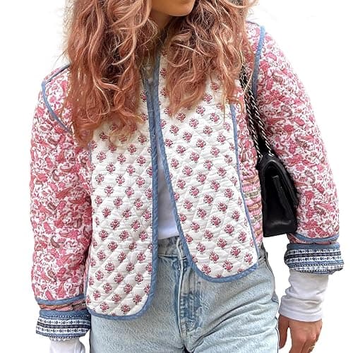 Duyang Women's Cropped Puffer Jacket Lightweight Floral Printed Open Front Quilted Coat Winter Warm Outwear - Image 1