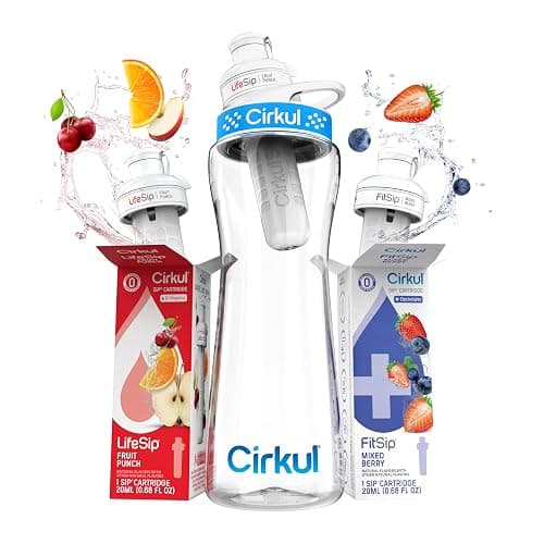 Cirkul 22oz. BPA-Free Plastic Water Bottle Starter Kit with Blue Lid, 2 Flavor Cartridges (1 LifeSip Fruit Punch, 1 FitSip Mixed Berry) No Sugar, Zero Calorie Drink Mix - Image 1