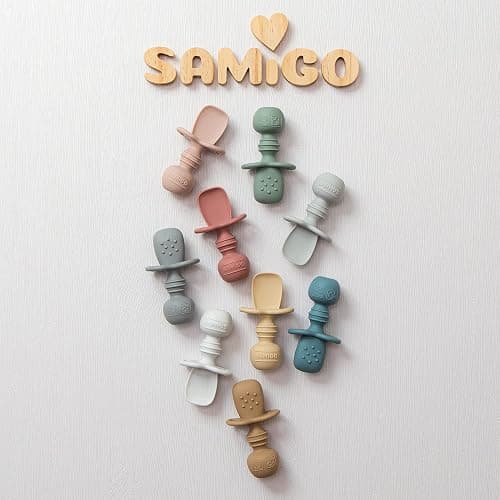 SAMiGO Silicone Baby Spoons Self Feeding 6+ Months - Infant Toddler Utensils - First Stage Baby Led Weaning Feeding Supplies - Set of 3 Pack thumbnail 4