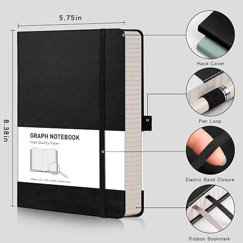RETTACY Graph Paper Notebook A5 320 Pages Grid Notebook Thick Journal, 100gsm Thick Graph Paper, Leather Hardcover, Inner Pocket, for Office School Work Women Men14.5 x 21cm - Black thumbnail 2