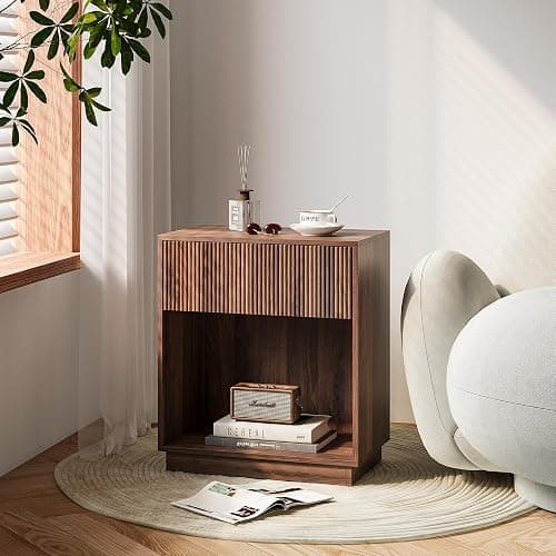 Fluted Nightstands Set of 2, Modern Bedside Table with Storage Drawer and Open Wood Shelf, Wood End Table Mid Century Night Stands for Bedroom Living Room Sofa Couch Office Walnut Brown thumbnail 6