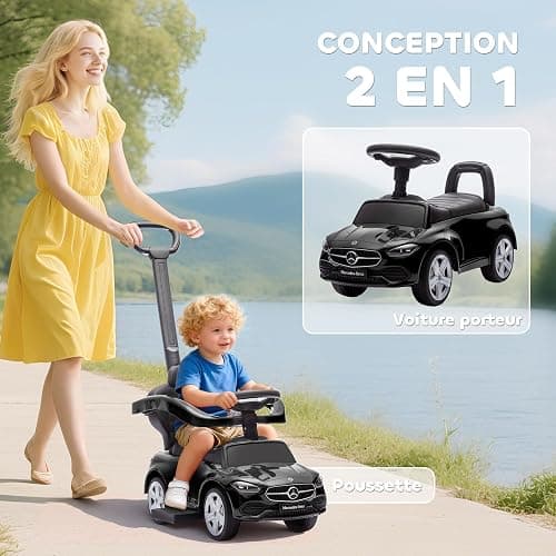 AIYAPLAY Porteur Enfants Mercedes-Benz sous Licence Voiture à Pousser Noir | Porteur Bébé 2 en 1, Poignée Amovible, Garde-Corps, Espace de Rangement, Klaxon et Volant, Enfants 18 à 36 Mois thumbnail 4