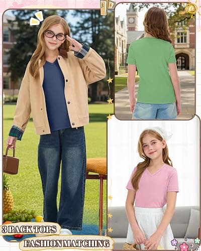 LessonZoo 3 Pcs Girls' V-Neck Loose Fit T-Shirts | Kids Short Sleeve Tees, Teens Cute Tops, 5-14 Years Girls, Solid Color, Soft Fabric, Flat Hem, Summer, Casual, School, Outing thumbnail 5