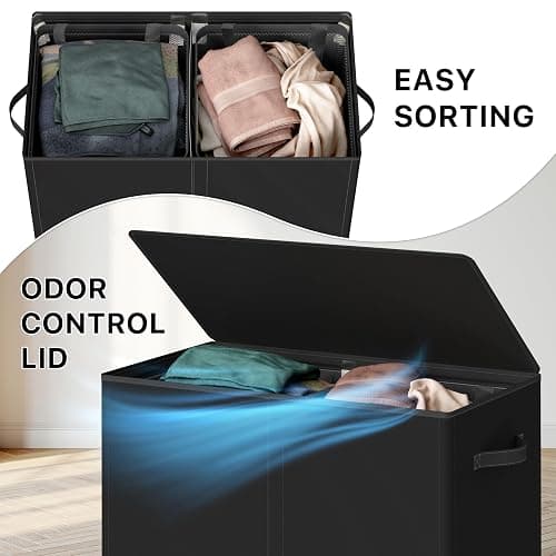 Simple Houseware Double Laundry Hamper with Lid and Removable Bags, Black thumbnail 7