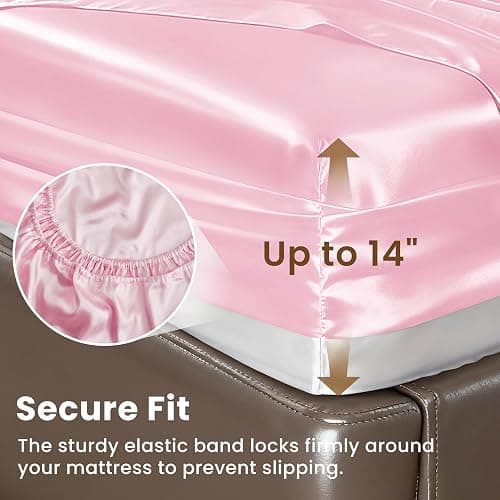 Love's cabin Twin Satin Sheets Sets - 3 Piece Pink Silky Bed Sheets with Deep Pockets, Luxury Silk Feel Satin Twin Size Sheet Set Bedding Set (1 Flat Sheet,1 Fitted Sheet,1 Pillow case) thumbnail 4