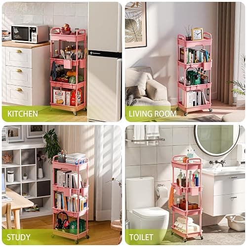 SORGION 4 Tier Rolling Cart Organizer,Art Craft Diaper Bedside Snack Laundry Room Bathroom Organizer Narrow Thin Slim Rolling Trolley Utility Cart with Wheels for Kitchen,Office(Pink) - 4Tier-Pink thumbnail 6