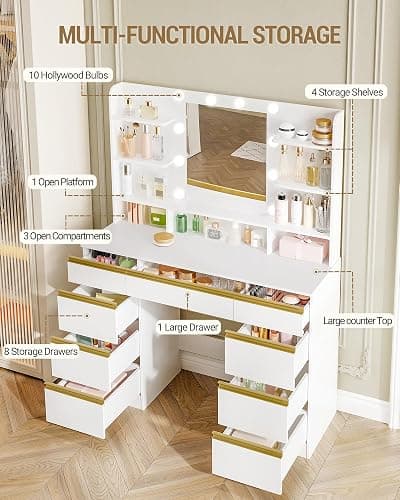 Hzuaneri Toeletta da Trucco con 10 Luce LED, 3 Colori, Luminosità Regolabile, Grande Specchio HD, 1 Cassetto Grande e 8 Cassettiere Piccole, 9 Vani Portaoggetti Aperti, Bianco-Oro DT35703X thumbnail 3