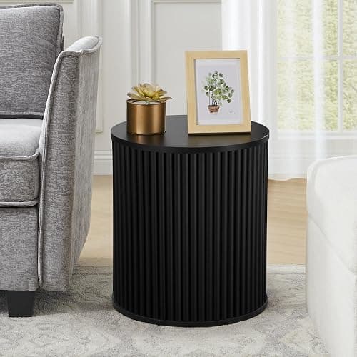 AVZEAR Small Round Side Table Fluted Night Stand Set of 2, Mid Century Modern End Table with Storage, Circle Bedside Tables Wood Nightstands for Small Spaces, Living Room, Bedroom (Black) thumbnail 3