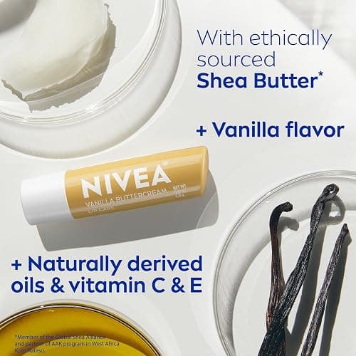NIVEA Vanilla Buttercream Lip Care, Moisturizing Lip Balm with Shea Butter, Nourishing Oils and Vitamin C & E, 3-in-1 Moisture, Repair and Nourish, 0.17 Oz Stick, Pack of 4 thumbnail 7
