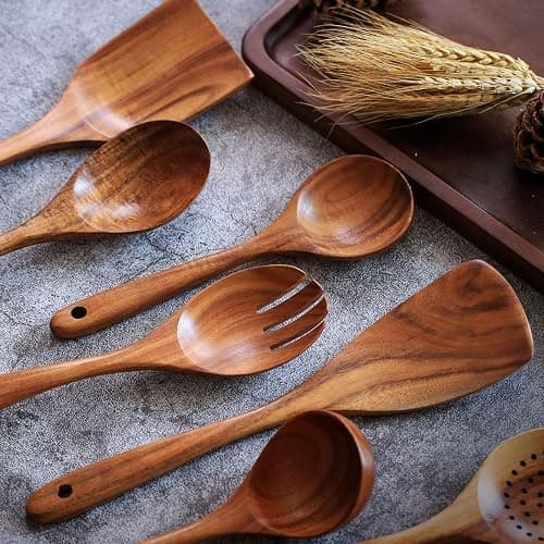 Wooden Non-Stick Kitchen Pan Toolset 7 Pieces Set,100% Natural Teak Kitchen Utensils Spatula, Wooden Cooking Utensils Spoons, Fried Spatula and Salad Fork thumbnail 4