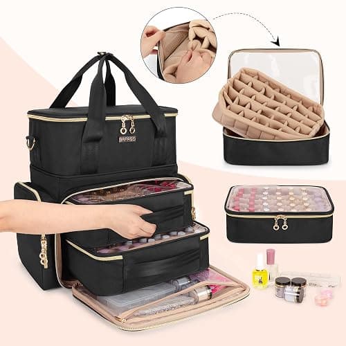 BAFASO Double Layer Nail Polish Organizer Holds 70 Bottles (15ml - 0.5 fl.oz) and a Nail Dryer, Nail Polish Case with 2 Removable Pouches and Tools Storage Sections (Patented), Black thumbnail 2