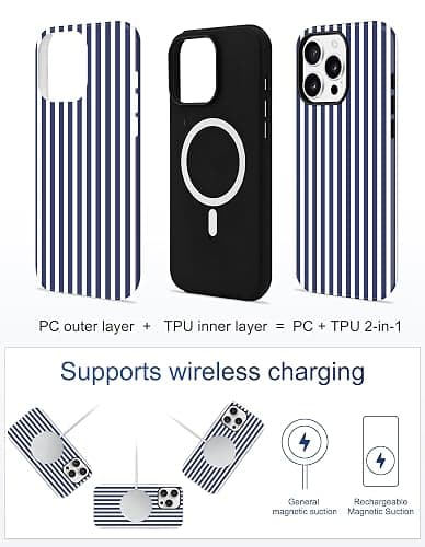 Jusy Compatible with MagSafe Striped Phone Case for iPhone 16 Pro, Cute Aesthetic Magnetic Soft TPU and Hard PC Protective Phone Cover for Women Girls（Matte） - Navy Blue thumbnail 5