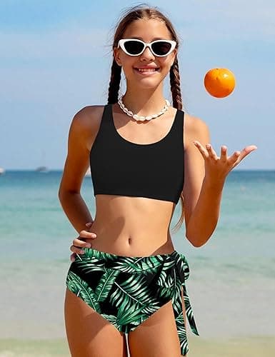 ADIRUN Girl Swimsuit Bikini Set Tropical Print Bathing Suit Two Piece Girls' Swimwear with Tie Side Knot 9-16T - Black - 9-10 Years thumbnail 4