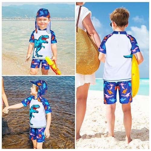 Boys Two Piece Rash Guard Swimsuits Kids Short Sleeve Swimwear Sets Bathing Suit with Sun Hat for 2-6 Years thumbnail 4