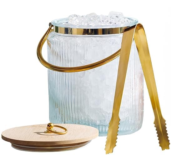 Glass Ice Bucket with Airtight Lid, Ice Tong Scooper and Handle - 3L Ribbed Beverage Tub Cocktail Home Bar Accessories, Wine, Beer - Chiller for Parties, Champagne Drink Tub Cooler with Hinged Handles - Image 1