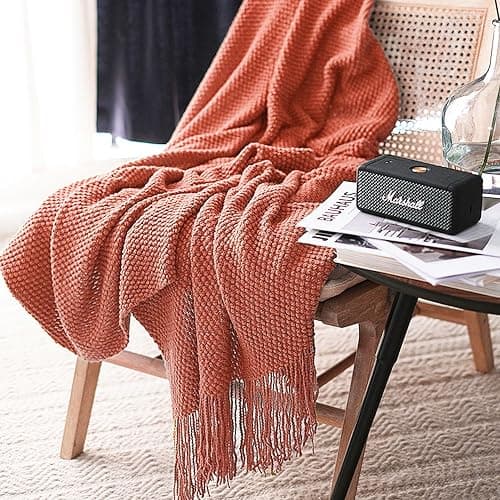 LOMAO Knitted Throw Blanket with Tassels Bubble Textured Lightweight Throws for Couch Cover Home Decor (Coral, 60x80) - Image 1