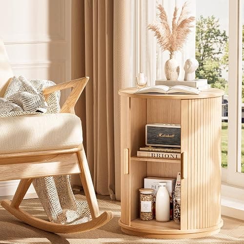 INNOD Side Table with Storage for Living Room, Round End Table with Sliding Tambour Door, Wood Night Stand Nightstand Bedside Table for Bedroom, Small Round Side Table, Mid Century Modern, Light Oak thumbnail 7